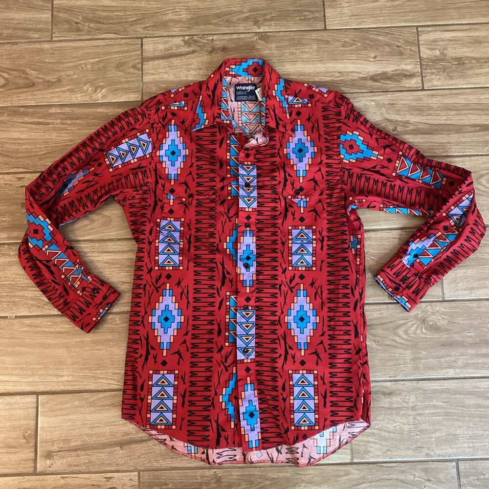 Vintage Wrangler South Western Navajo Cowboy Aztec Shirt 15.5 33 X-Long Tail